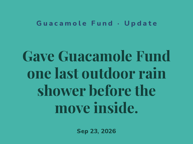 Gave Guacamole Fund one last outdoor rain shower before the move inside.