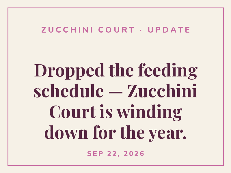 Dropped the feeding schedule — Zucchini Court is winding down for the year.