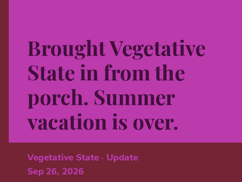 Brought Vegetative State in from the porch. Summer vacation is over.