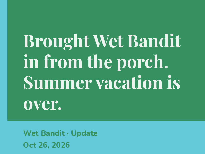 Brought Wet Bandit in from the porch. Summer vacation is over.